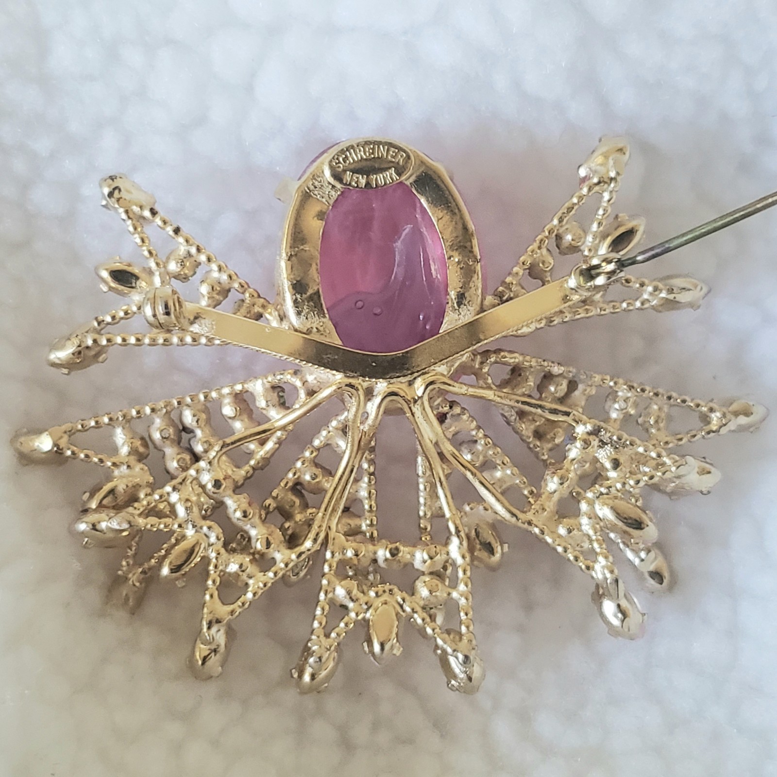 Signed SCHREINER Pink Cabochon Art Glass Coral Peridot Brooch Clip Earrings