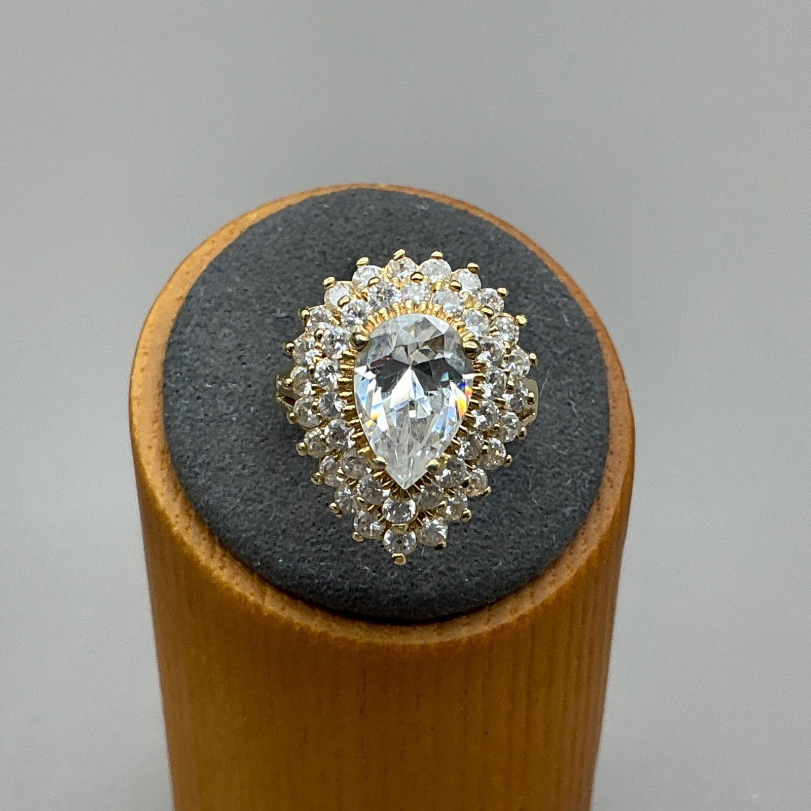 Vintage Lind Ring Womens Gold Plated Pear Cut CZ Triple Halo 14K HGE Size 7.5