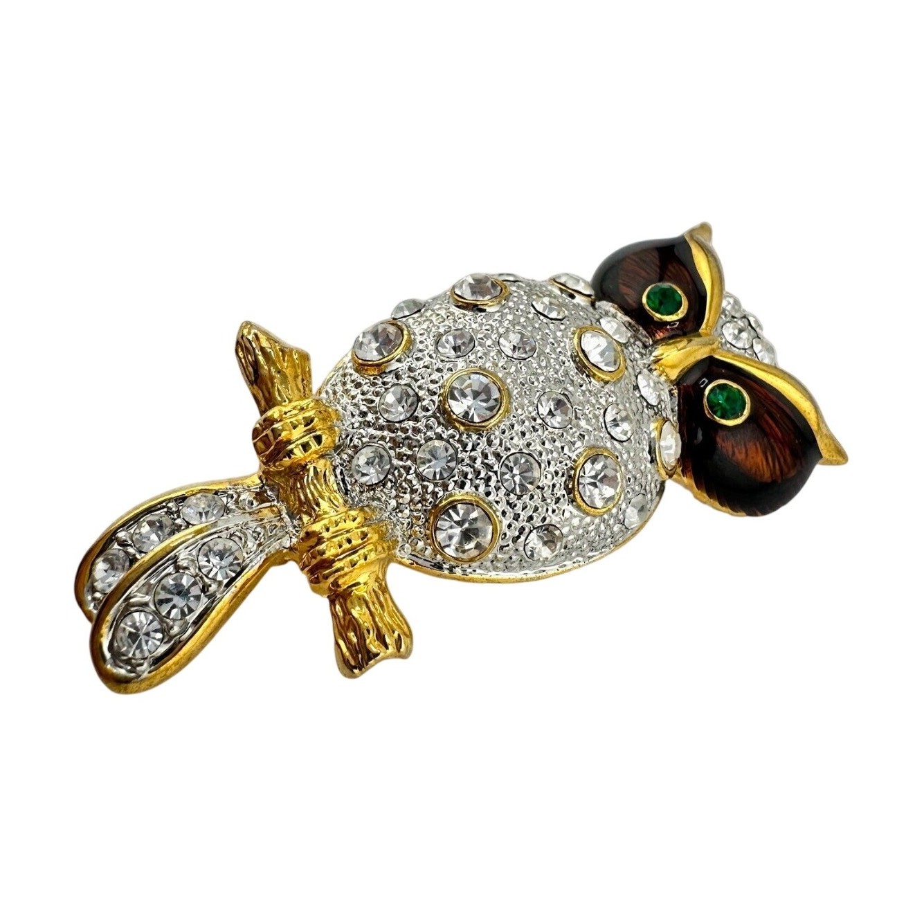 Vintage Rhinestone Owl Two Tone Crystal Accent Enamel Stunning 2.25×1” Brooch