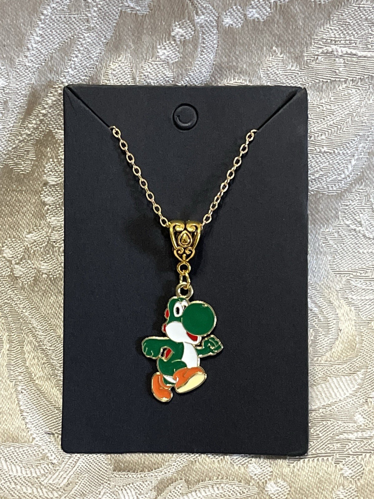 Cartoon Yoshi Video Game Gold Enamel Bohemian Fashion Trendy Necklace 18”