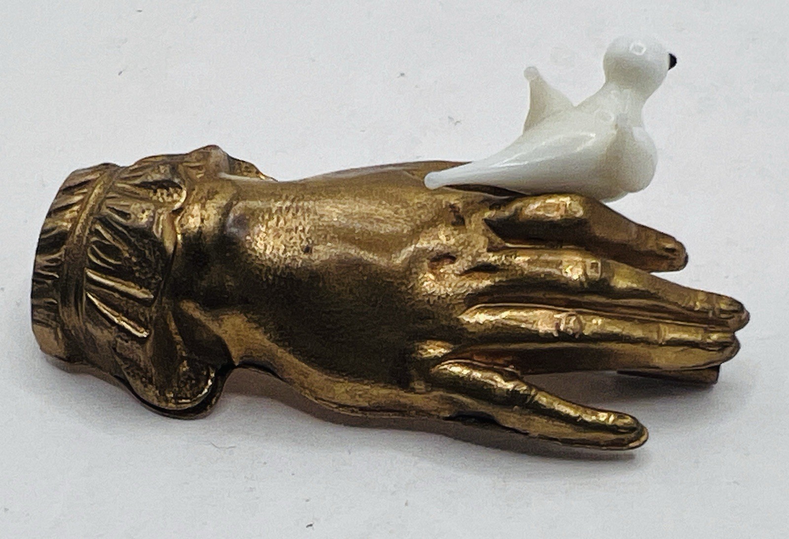Art Deco Hand Pin / Brooch Holding Milk Glass Bird Figure – France