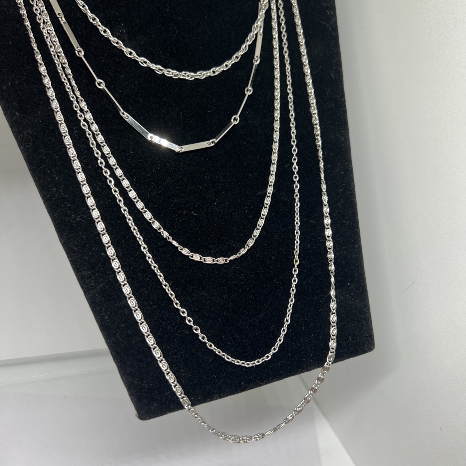 Vintage Silver Tone Layered Chain Statement Necklace 5 Strand
