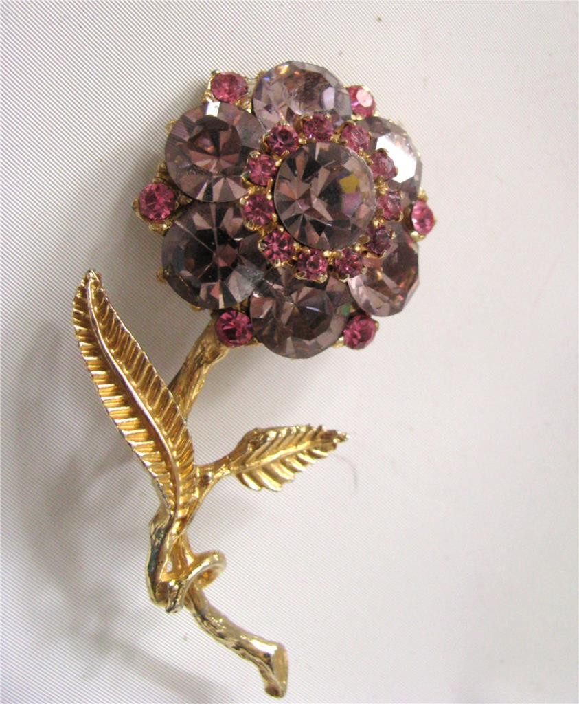 Vintage EdLee Lavender Pink Rhinestone Flower Brooch Pin Gold Plated Dazzling 3″