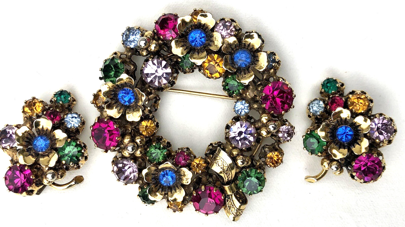 Vintage Austria Multi Color Rhinestones Flower Brooch & Clip Earrings Set
