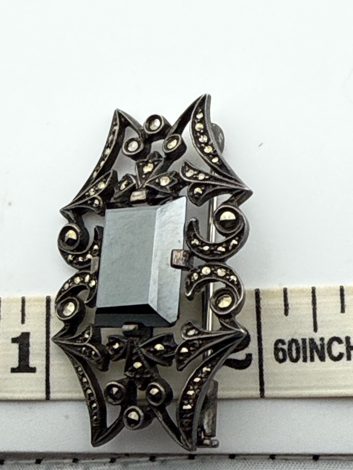 Antique Sterling Silver Unmarked natural hematite brooch Trombone Clasp 1.5”X1”