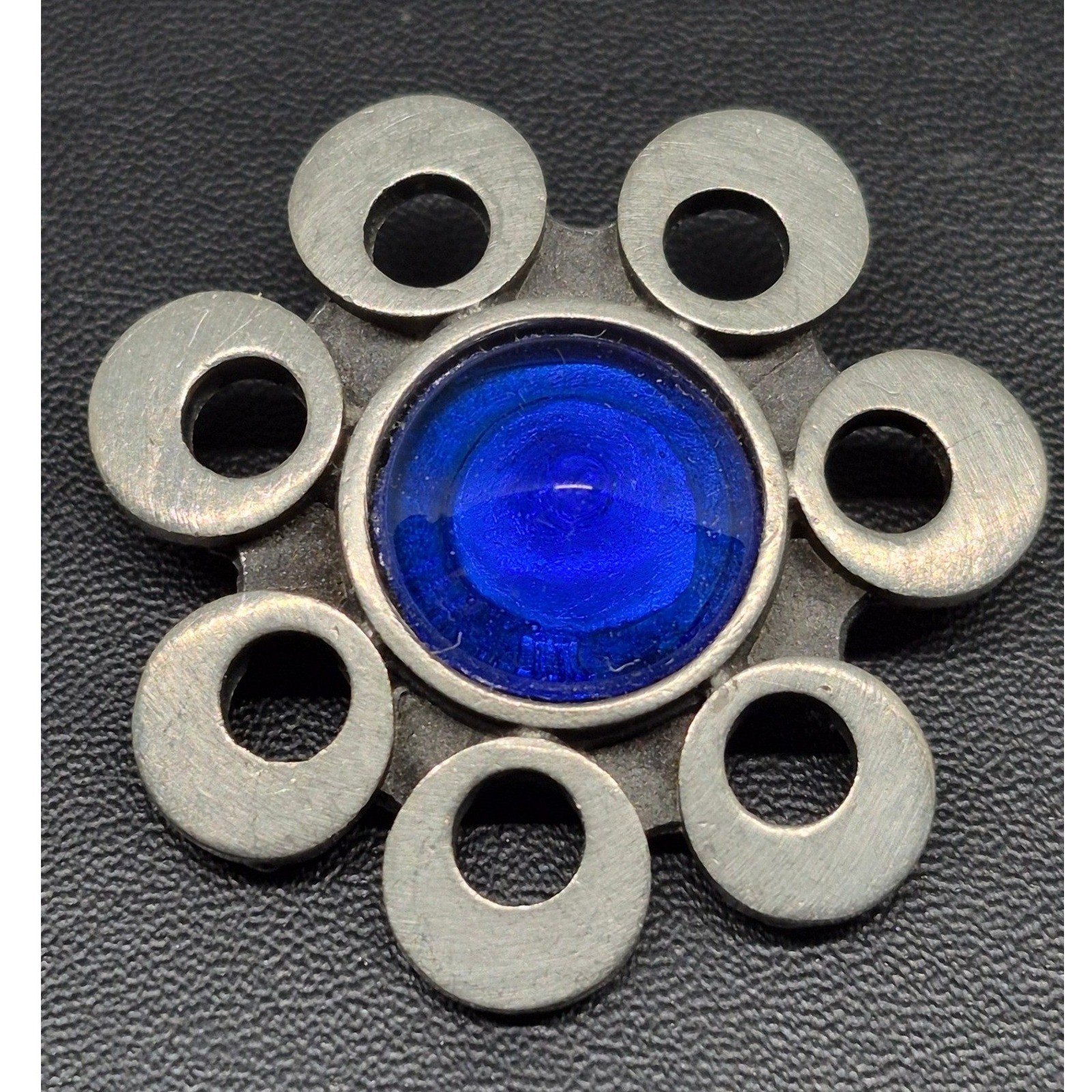 Vintage Rune Tennesmed Sweden Brooch Blue Glass Cabochon Pewter Flower Pin