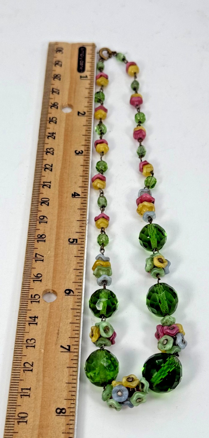 VTG Czech Glass Flower Beaded Necklace Multicolor Gold Tone It Glows Estate Find
