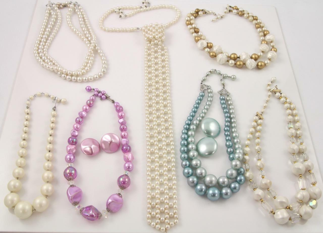 7 Vintage Japan Hong Kong Multi Strand Faux Pearl & AB Glass Beaded Necklaces