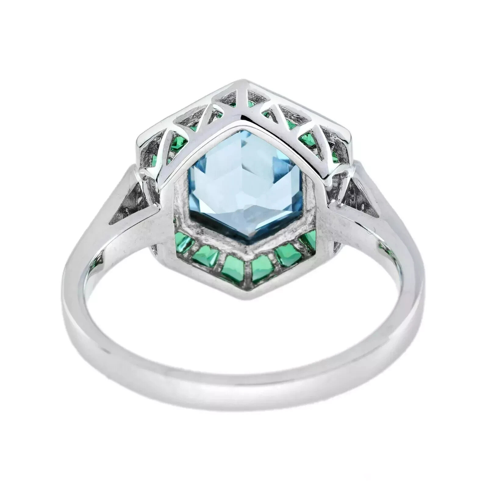 4Ct Art Deco Vintage Aquamarine & Emerald Hexagon 14K White Gold FN Wedding Ring