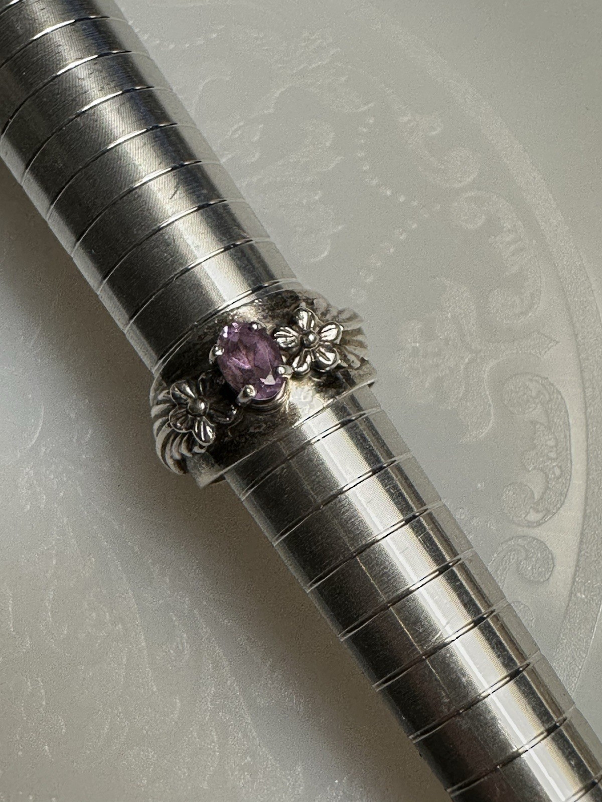 Vintage Sterling Silver Amethyst Floral Flower Ring Signed Sz 6 3/4 Elegance