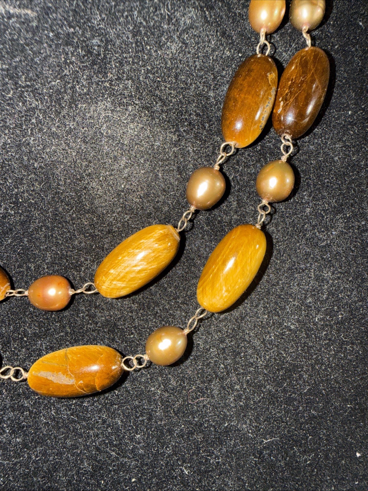 Necklace 2 Strand Tiger’s Eye Cultured Pearl Vermeil Toggle Clasp Vintage Unused