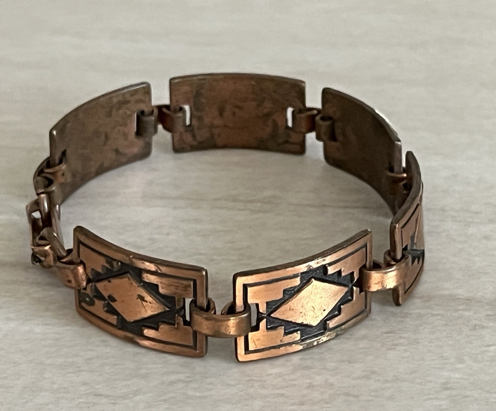 VTG Southwestern Style Rectangular Copper 6 1/4” Panel Link Bracelet Geometric