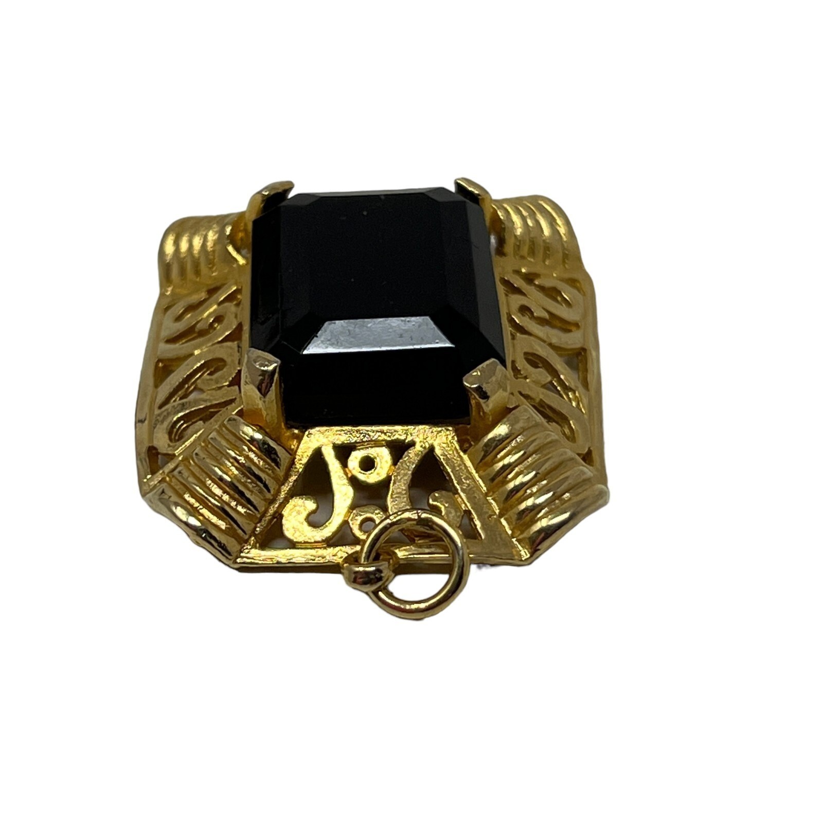Vintage Edlee Pendant Dark Red Glass Ornate Open Scroll Gold Tone Rectangle