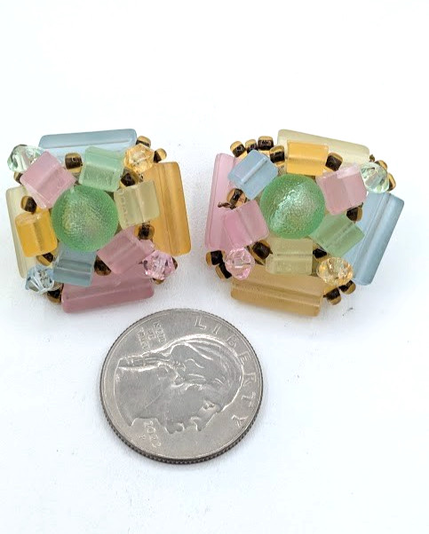 Vintage Pastel Earrings West Germany Lucite Clip On Beaded Mid Century