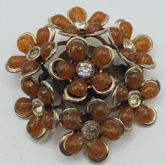 Beautiful GOLDEN BROWN AMBER FLOWER RHINESTONE BROOCH PIN