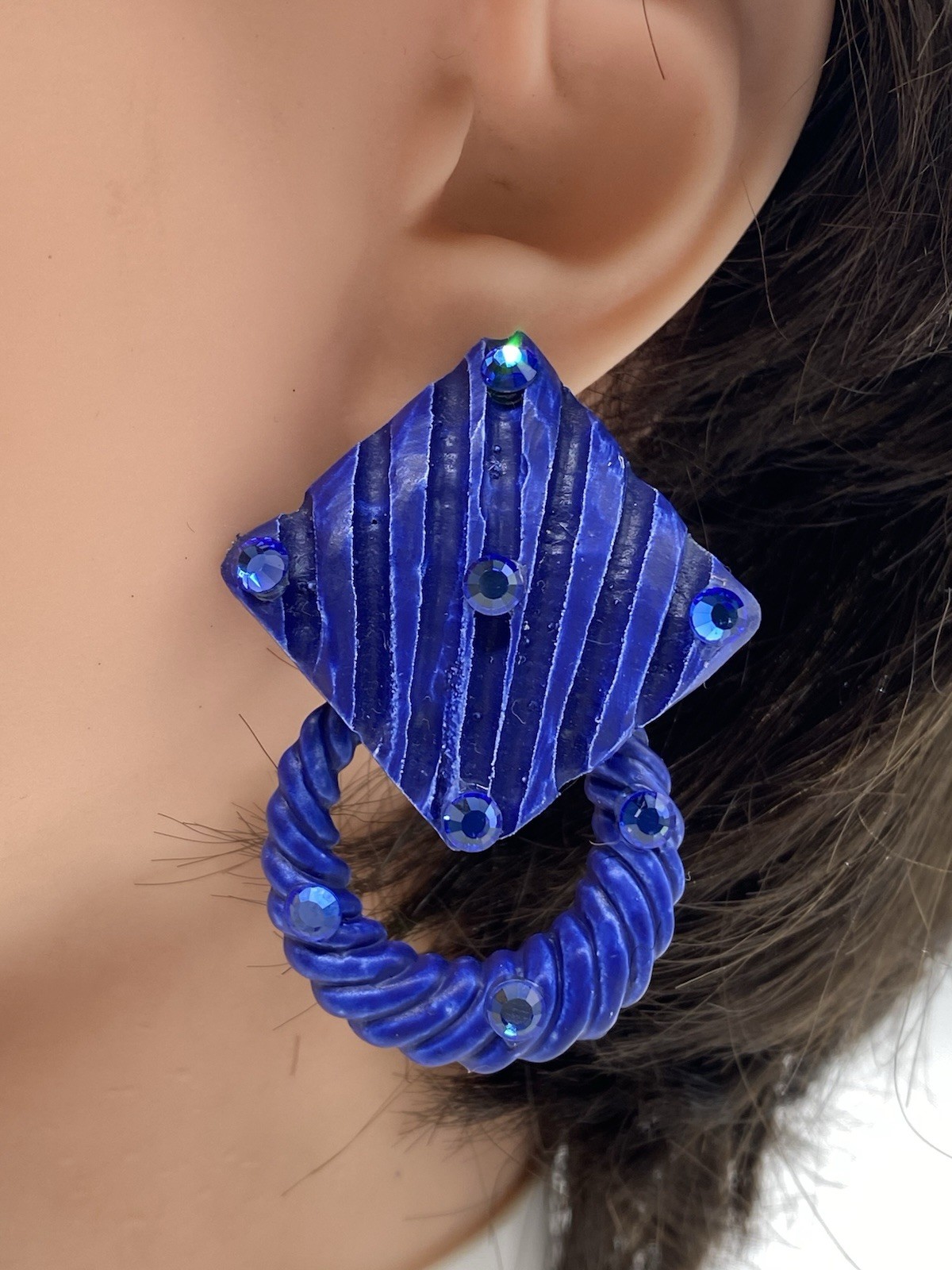 Jeff Lieb Signed Blue Rhinestones Clip On Earrings Squares W/ Detachable Circles