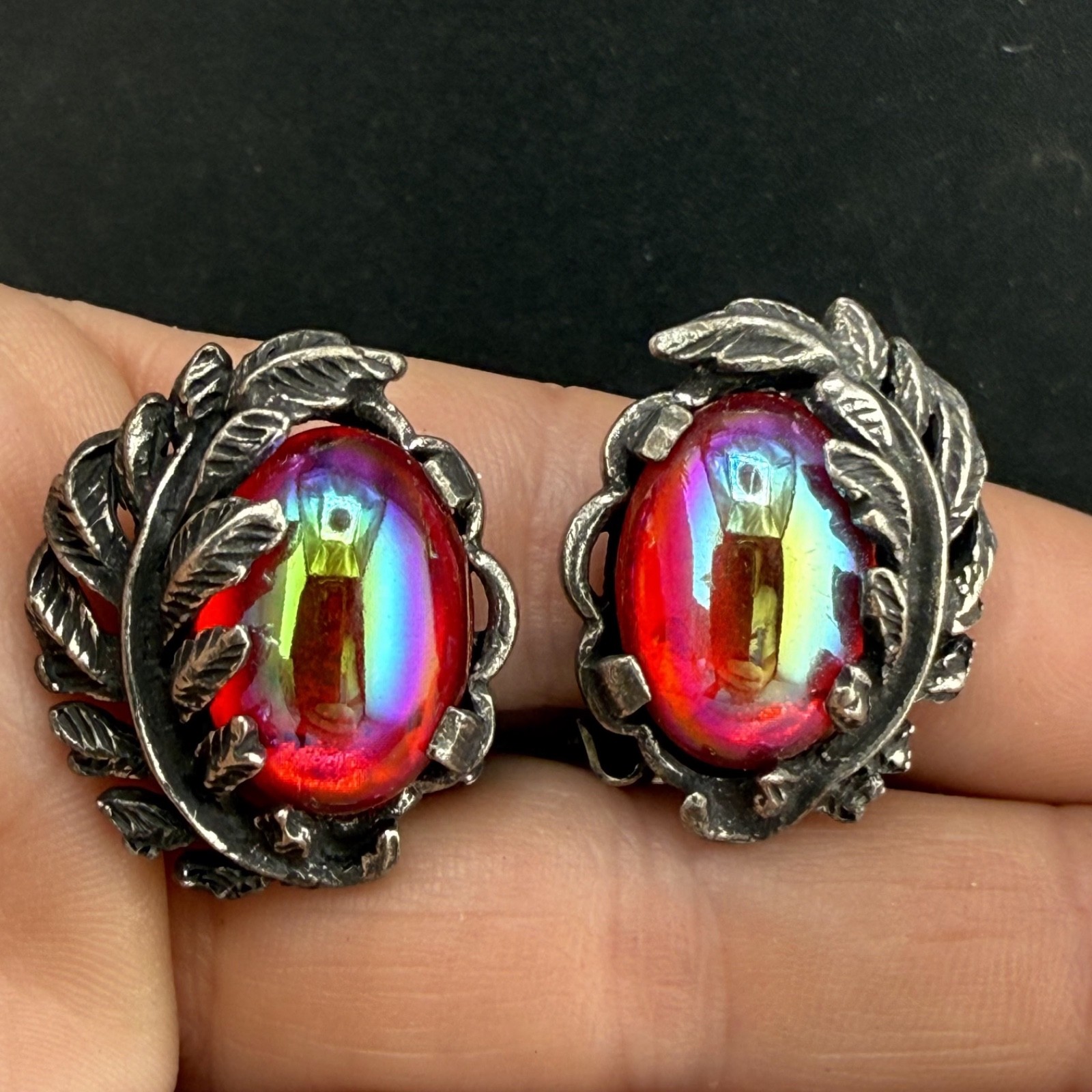 Vintage Park Lane Clip On Earrings Silver Tone Red Iridecent Glass AB