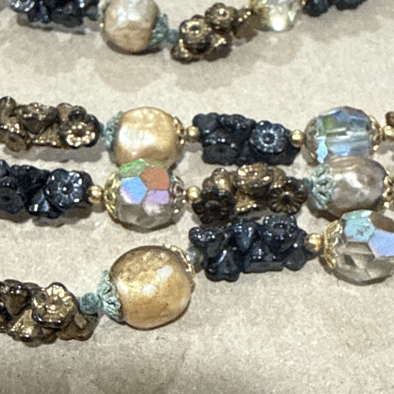 VTG Vendome 3 Strand Necklace & Bracelet Set Art Glass, Pearls, & Flower