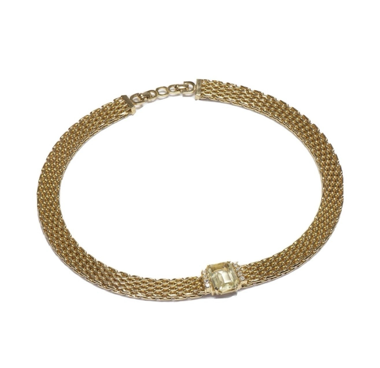Vintage Christian Dior Gold Plated Metal Mesh Yellow Crystal Collar Necklace