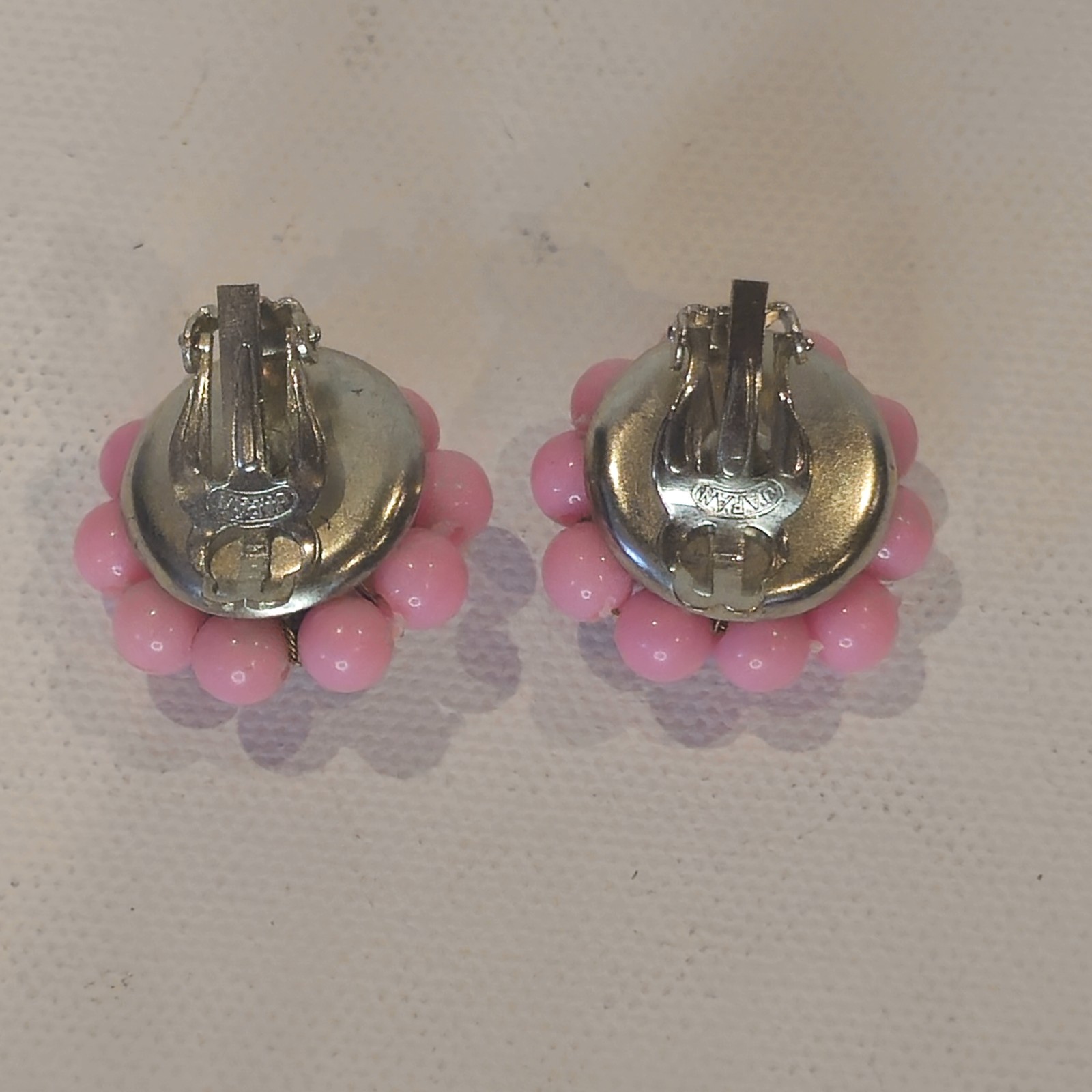 Vintage Japan Pink White Black Beaded Necklace & Clip‑On Earrings Set