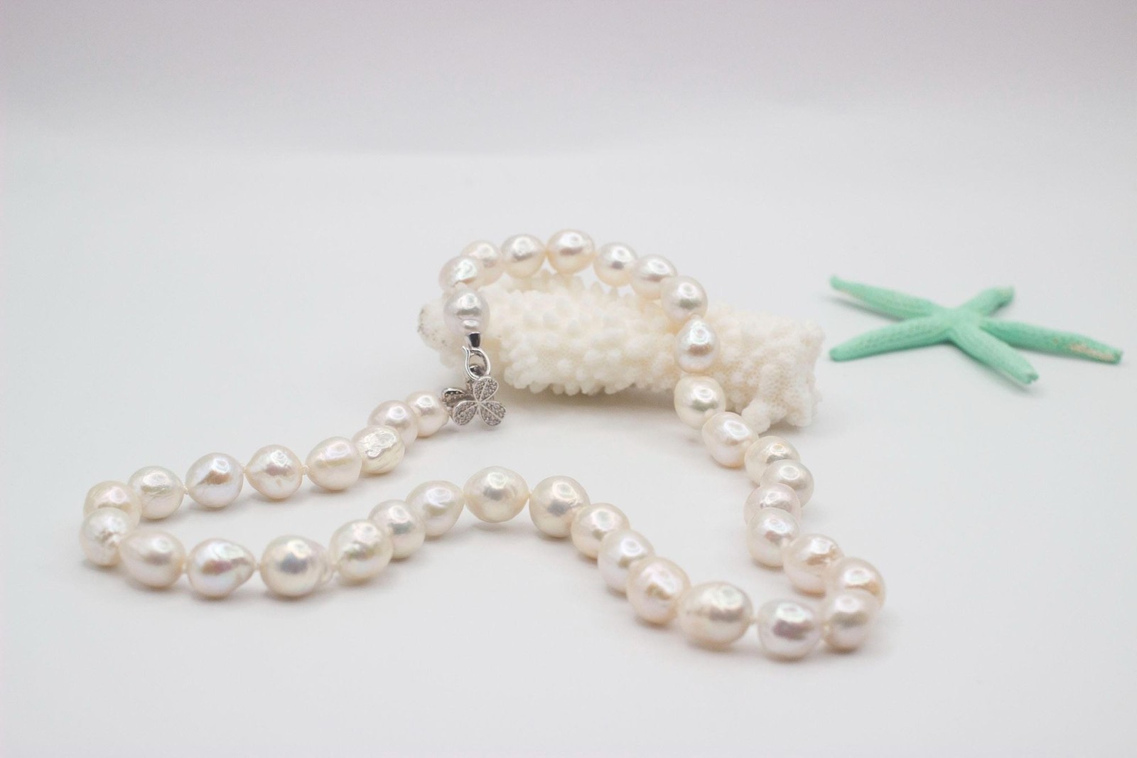21” White Baroque Edison Pearl Necklace Kasumi Style Sterling Silver CZ Clasp
