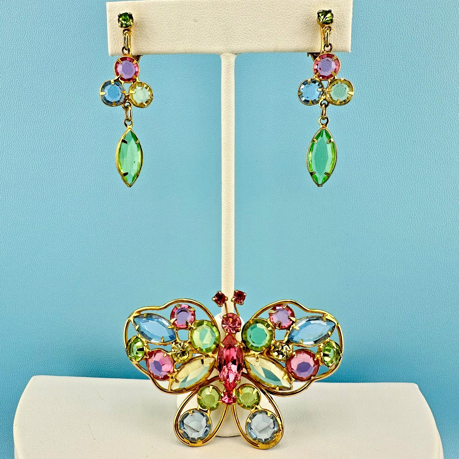 Vintage Butterfly Brooch Earrings Set Open Back Crystal Fruit Salad Pastel Color