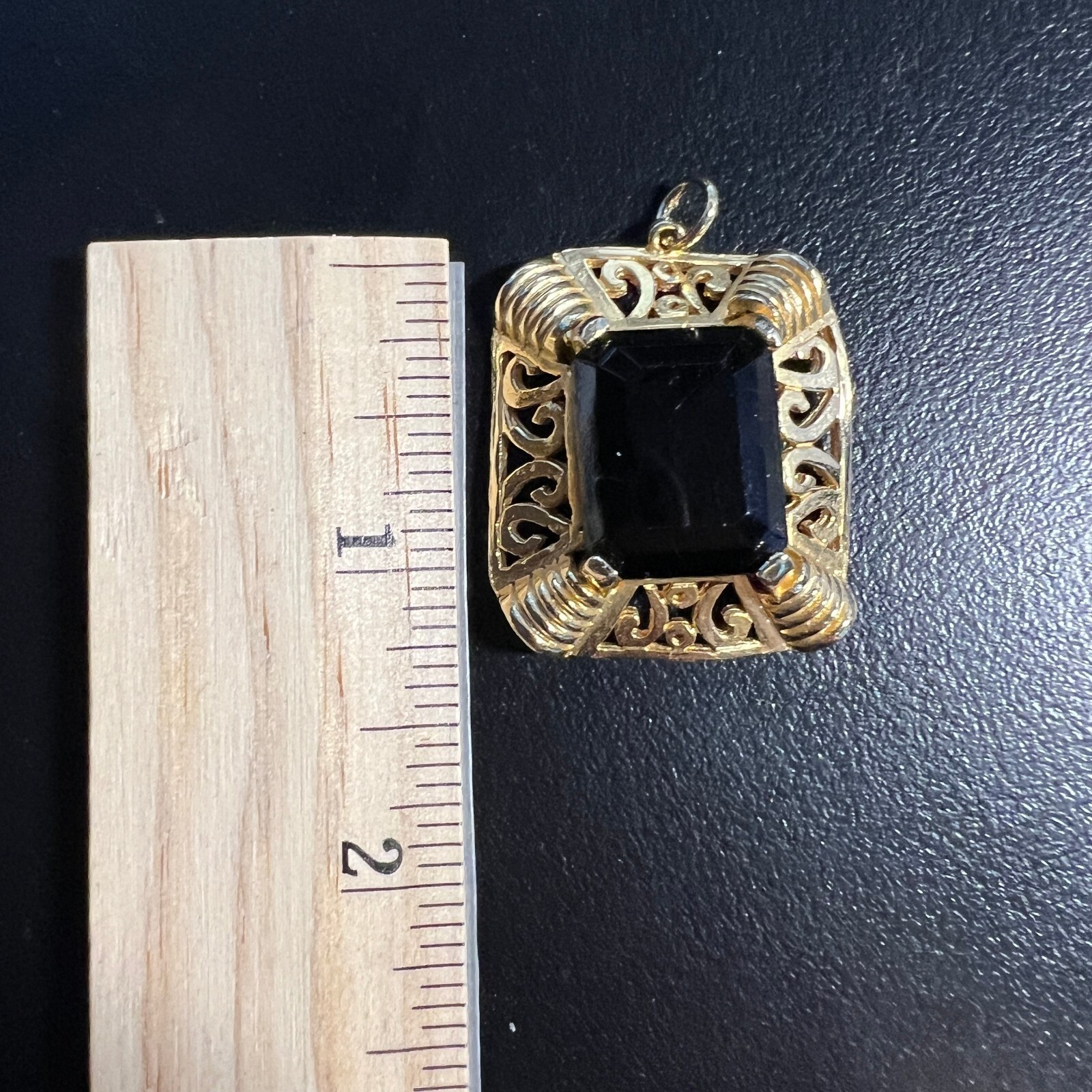 Vintage Edlee Pendant Dark Red Glass Ornate Open Scroll Gold Tone Rectangle