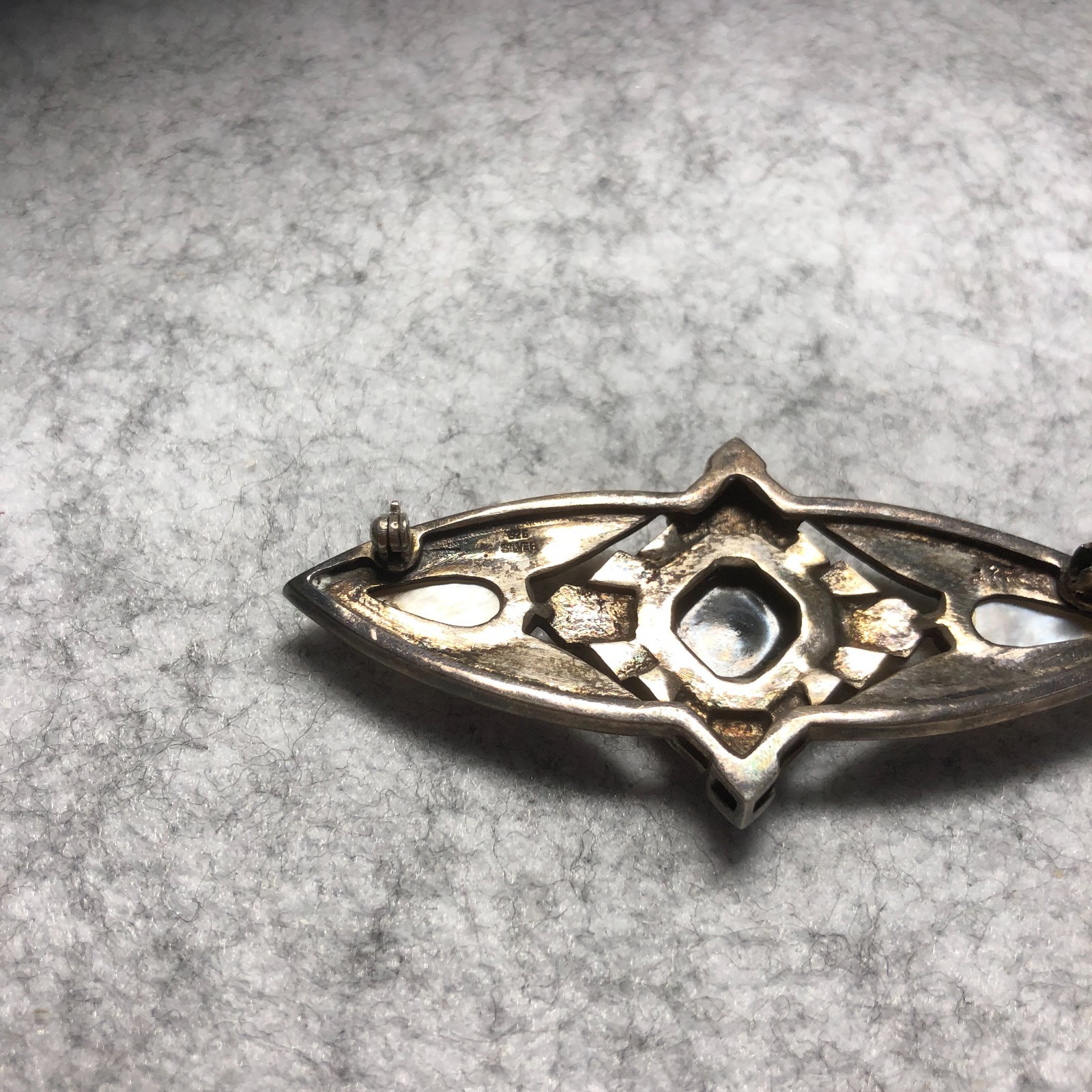925 Sterling Silver Vintage/Antique Black Onyx ~ Pearl~Marcasite Art Deco Brooch