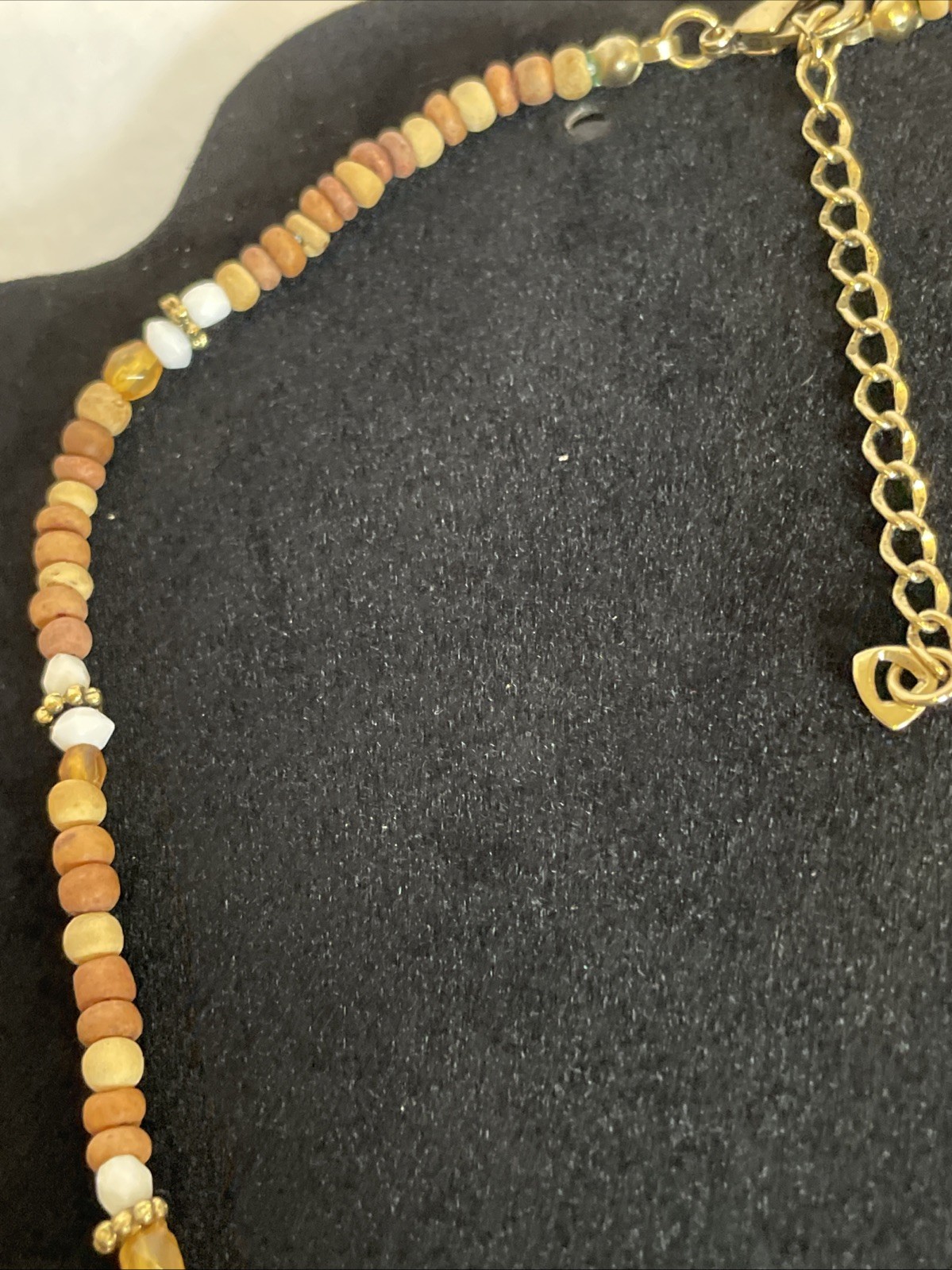 Wood Amber Resin White Beaded Lariat Choker Necklace 17 inches Hanging Pendant