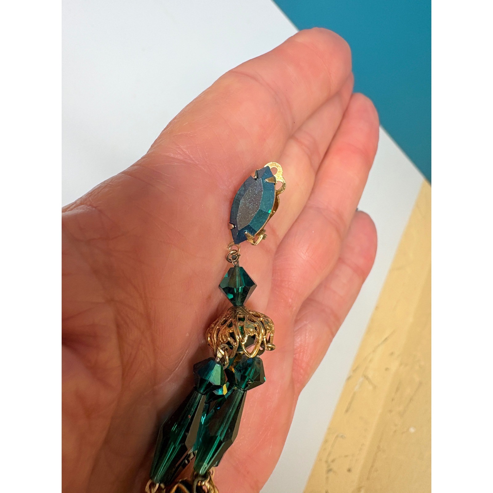 Vintage Emerald Green AB Crystal Dangle Clip On Earrings Gold Tone Filigree 3.5″