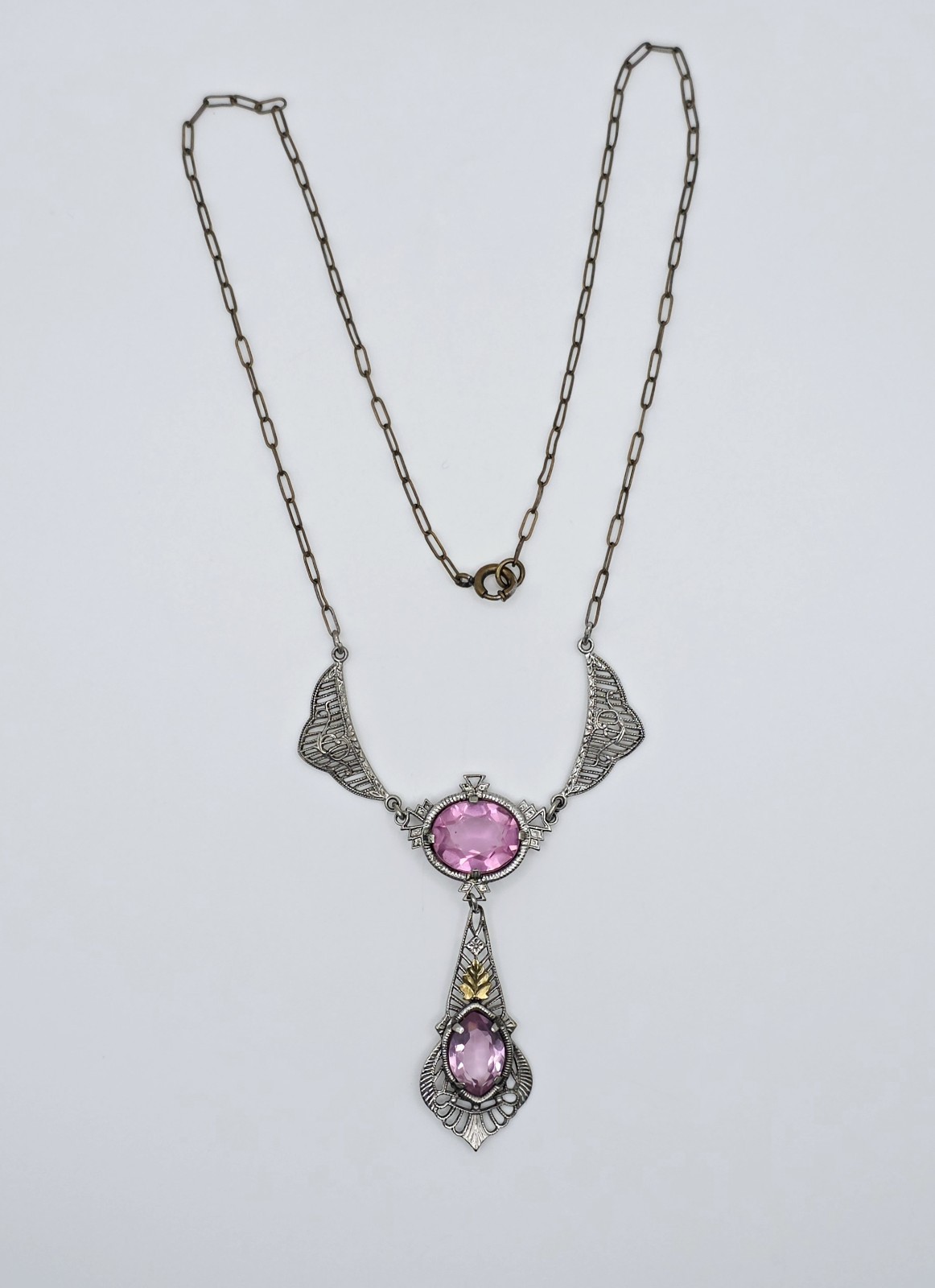 Antique Art Deco Lavalier Pendant Necklace Pink Glass Filigree Edwardian