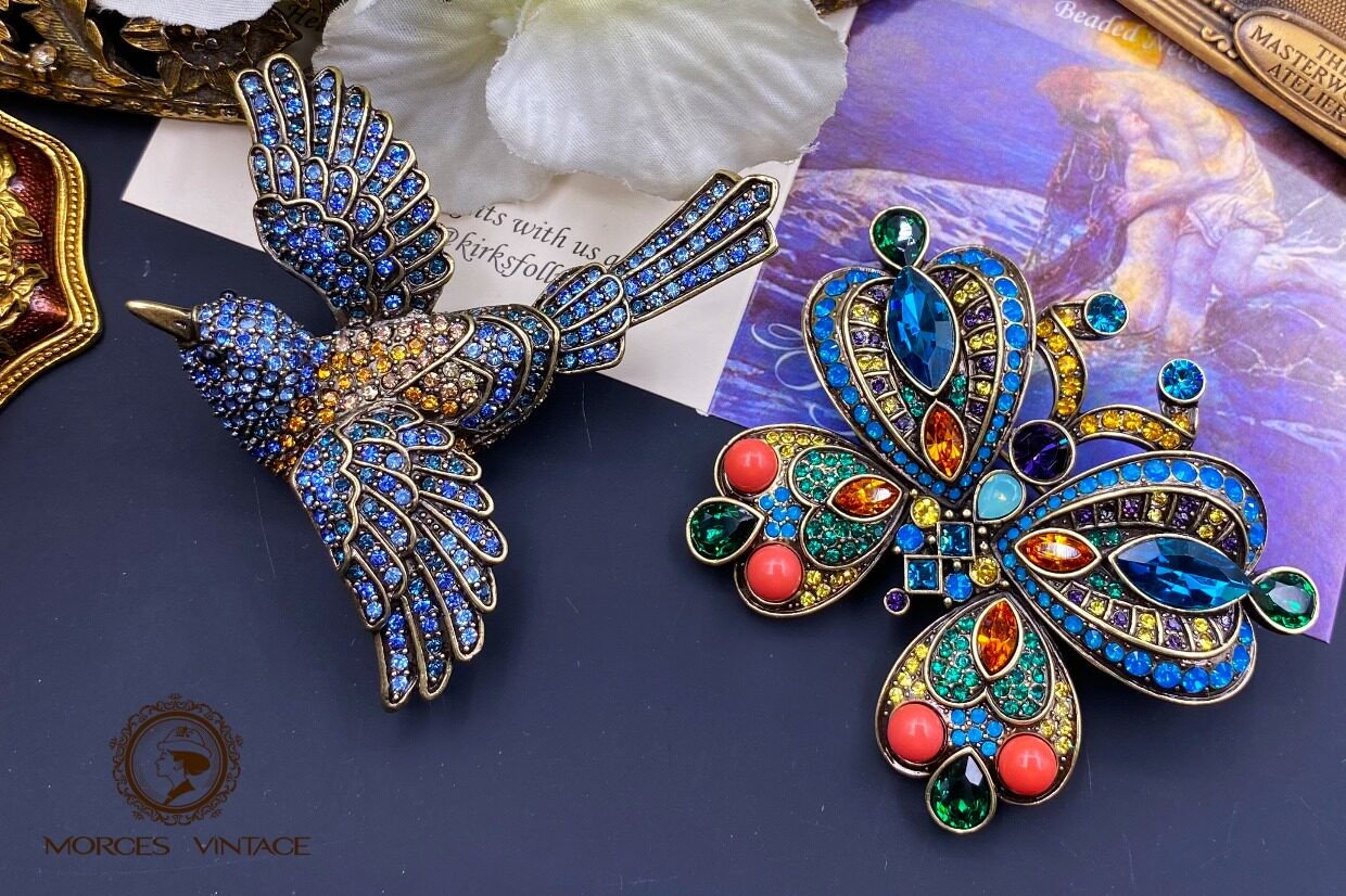 HEI Antique Gold Austrian Crystal Kingfisher Butterfly Love Heart Unicorn Brooch