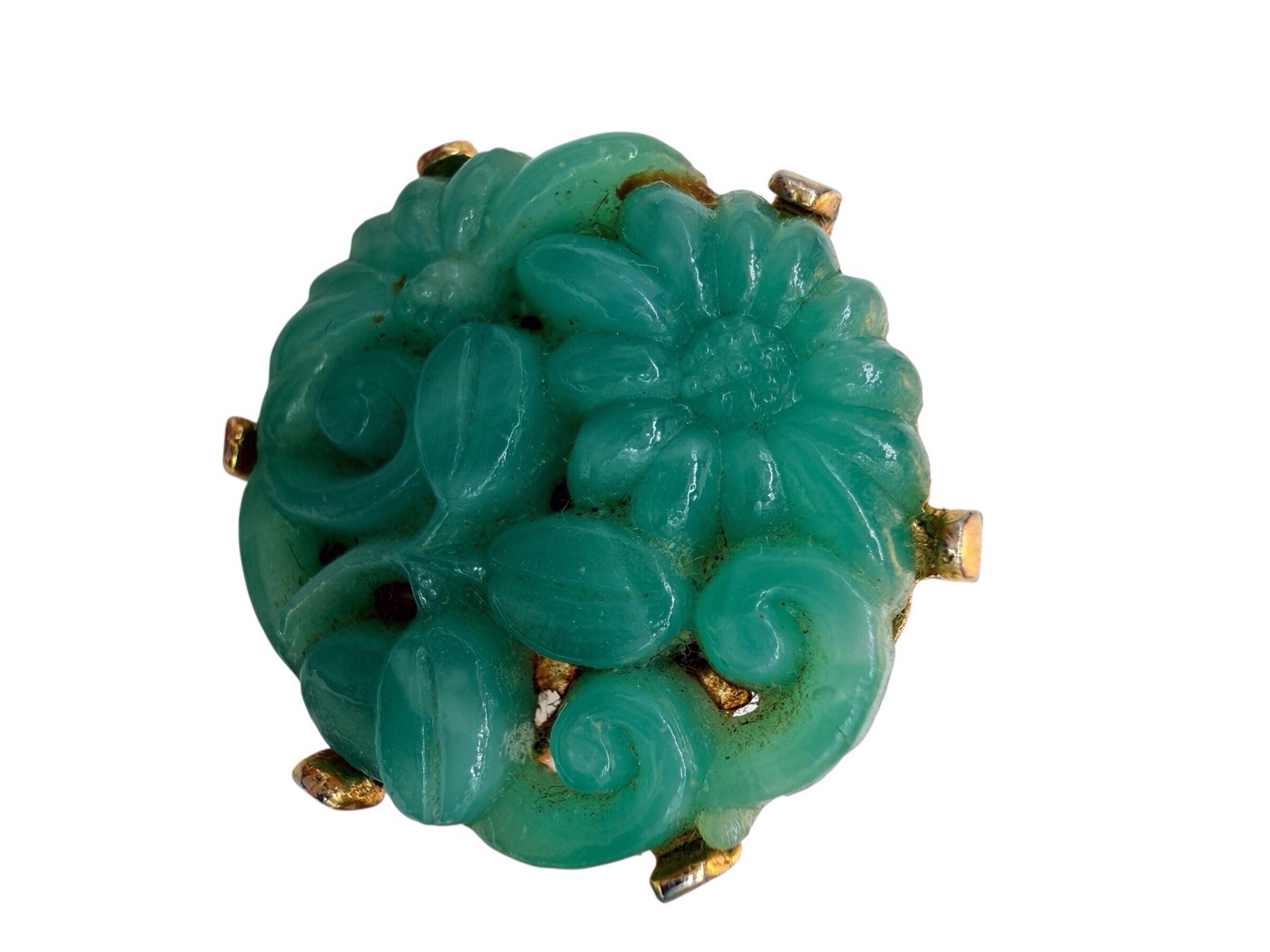Vintage Peking Glass Earrings Asian Molded Green Faux Jade Flower Floral Round 2