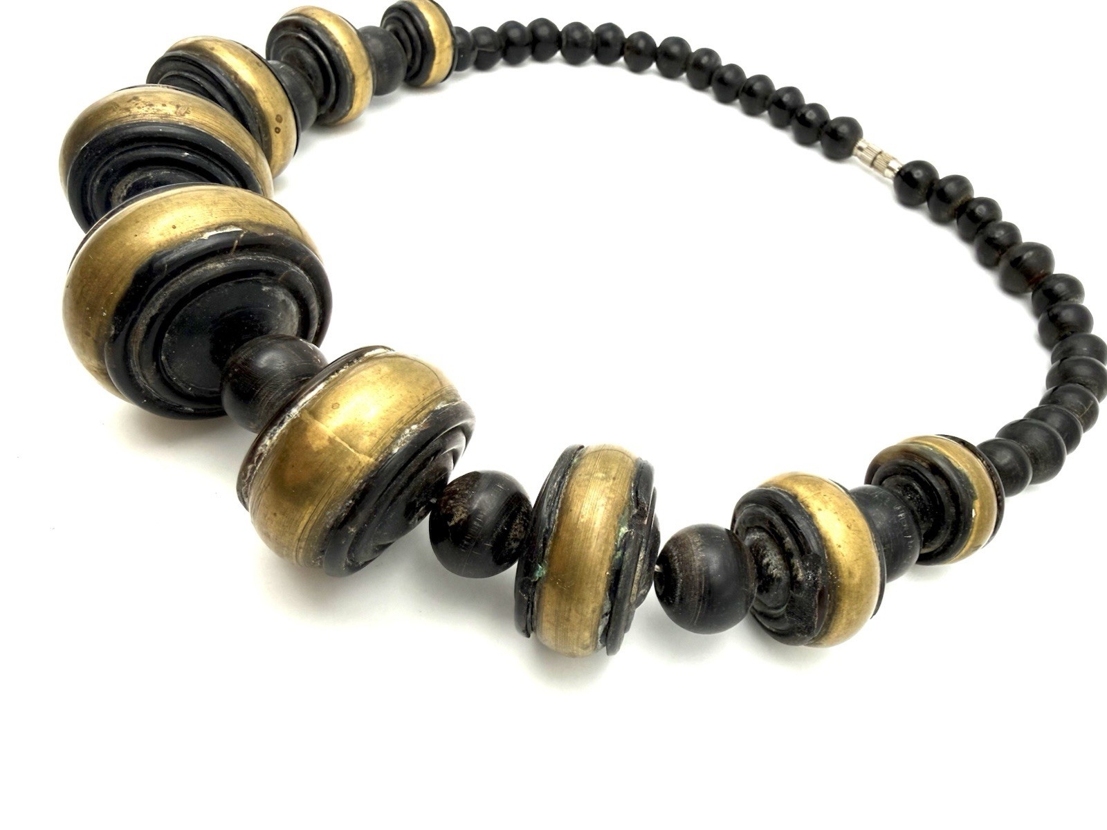 Bone & Brass Necklace Chunky Bold Beaded Vintage Boho Tribal 21” Black & Gold