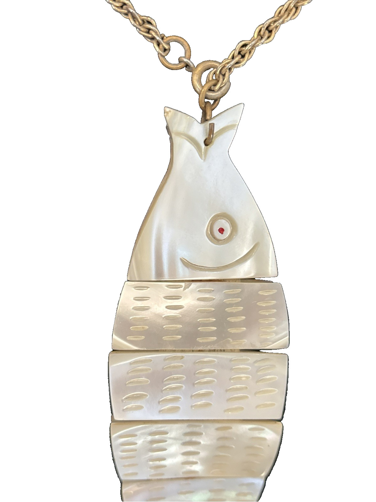 Natural Reversible Mother of Pearl Abalone Segmented Fish Pendant Jewelry 5 1/4″