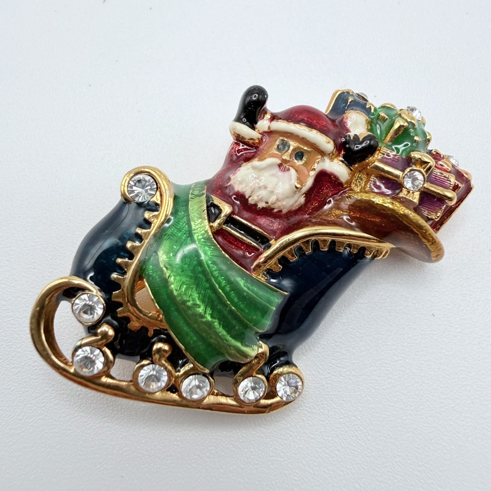Christopher Radko Signed Enamel Christmas Santa Sleigh Rhinestones Brooch