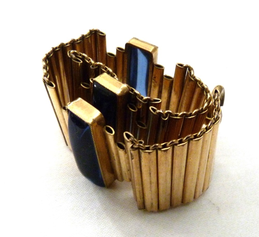 VTG KOLLMAR & JOURDAN ROLLED GOLD ART DECO LINKS SAPPHIRE BLUE GLASS BRACELET