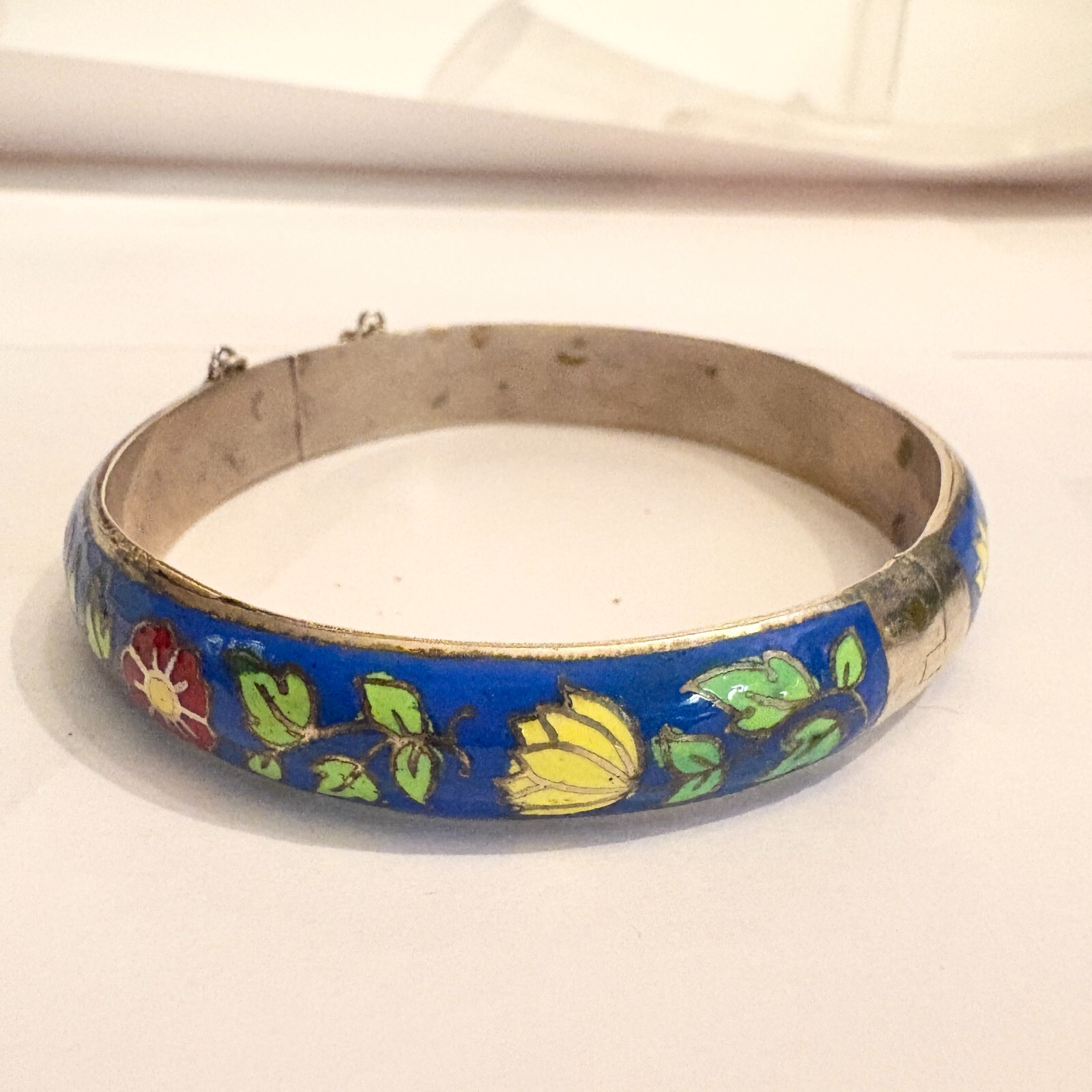 Vintage Sterling Silver Enameled Bracelet blue red yellow flowers 1930’S
