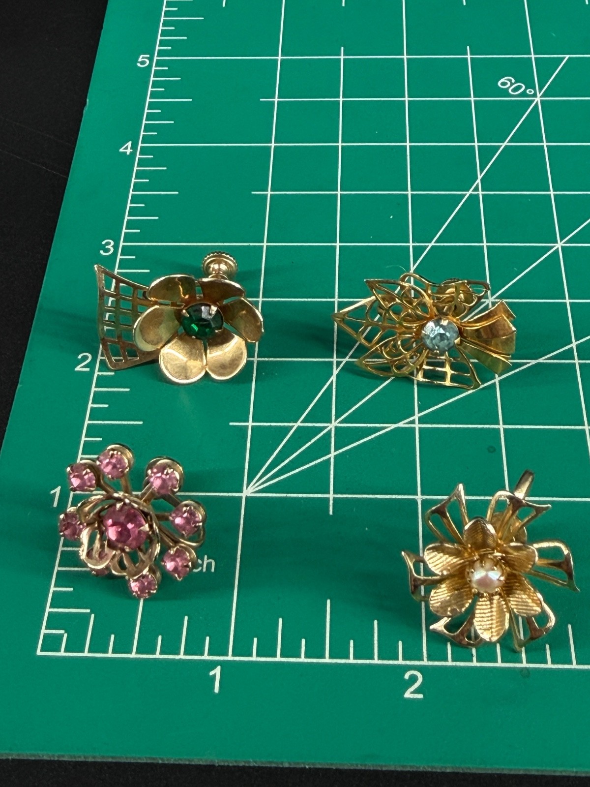 Vintage Flower Rhinestone Screw Back Earrings Lot 50s 60s
