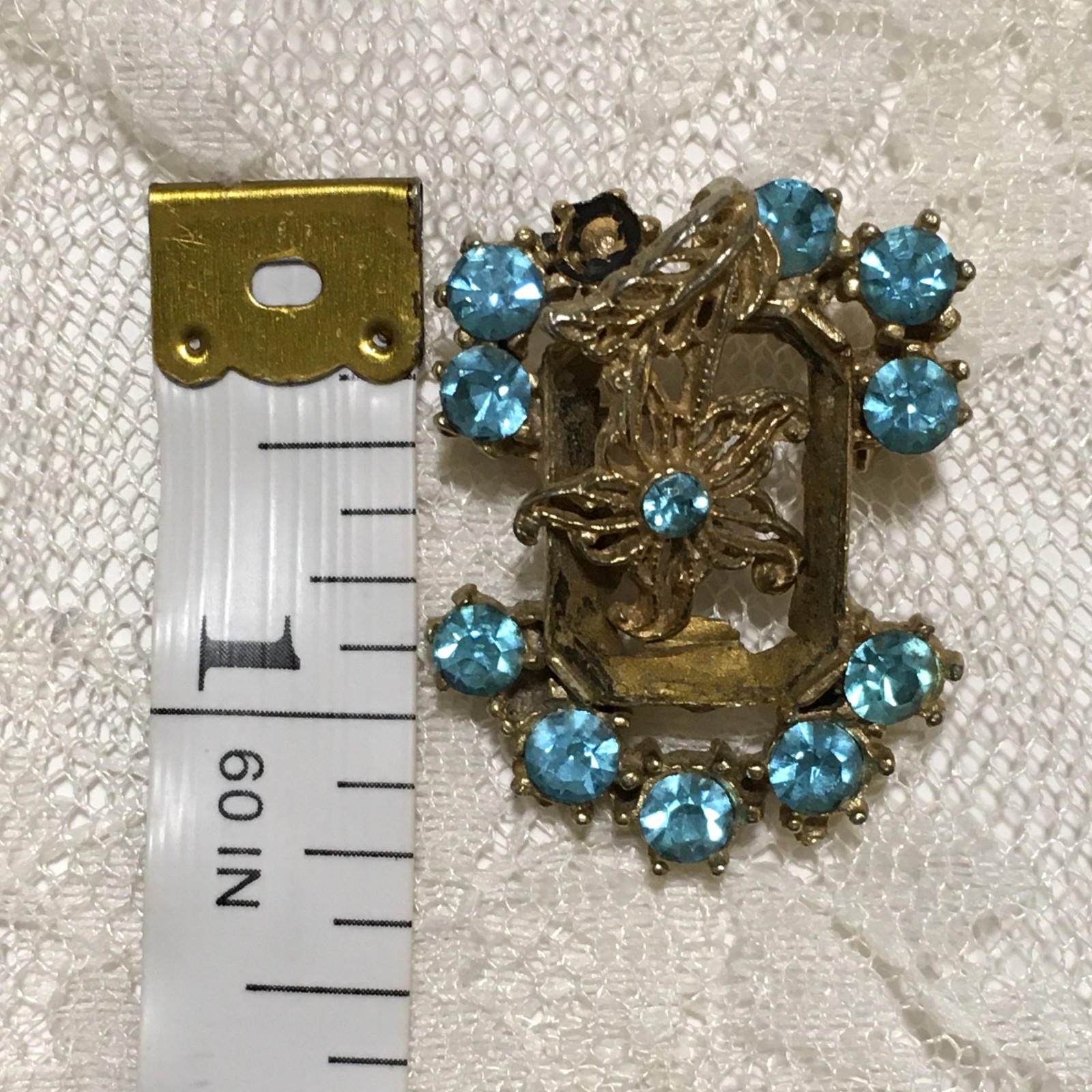 Vintage Pot Metal Brooch Light Blue Rhinestones Gold Tone Floral