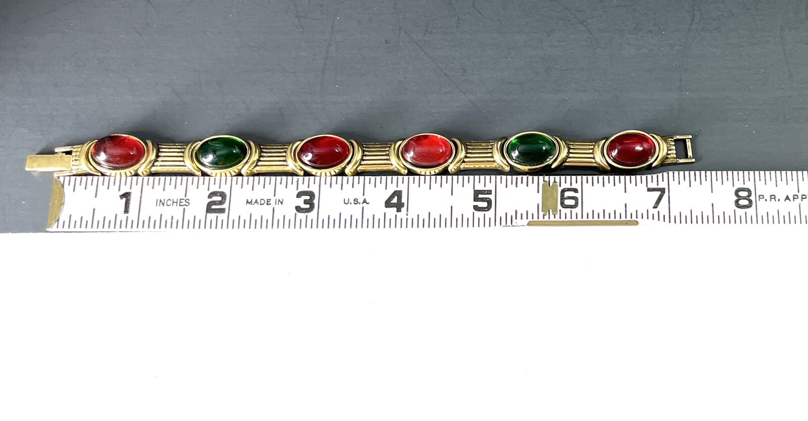 Gripoix Glass Cabochon Bracelet Gold Tone Red Green Mogul Jewel Art Deco Style