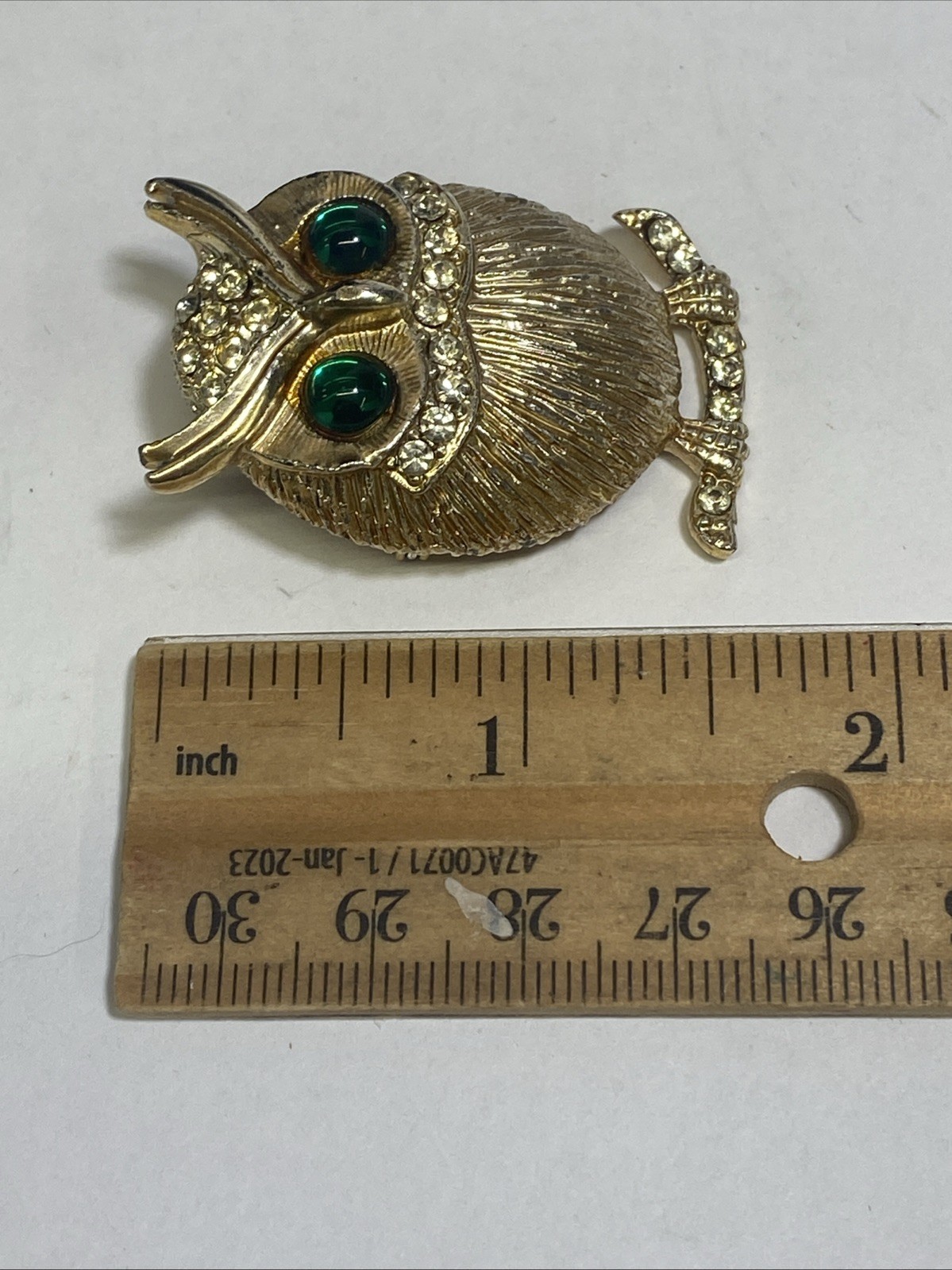 Vintage Gold-Tone Owl Brooch Pin with Green Glass Eyes Clear Rhinestone Accents