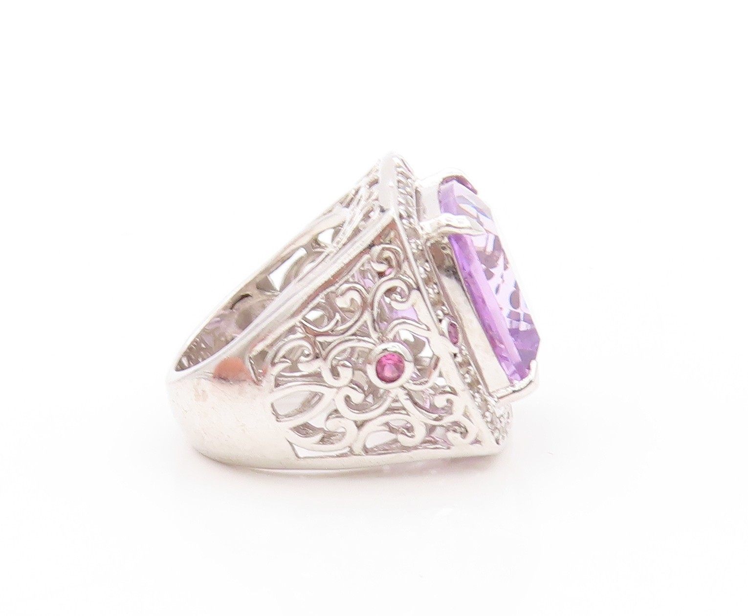 925 Sterling Silver Vintage Ring Large Amethyst Halo Sapphire Sz 5 RG32512