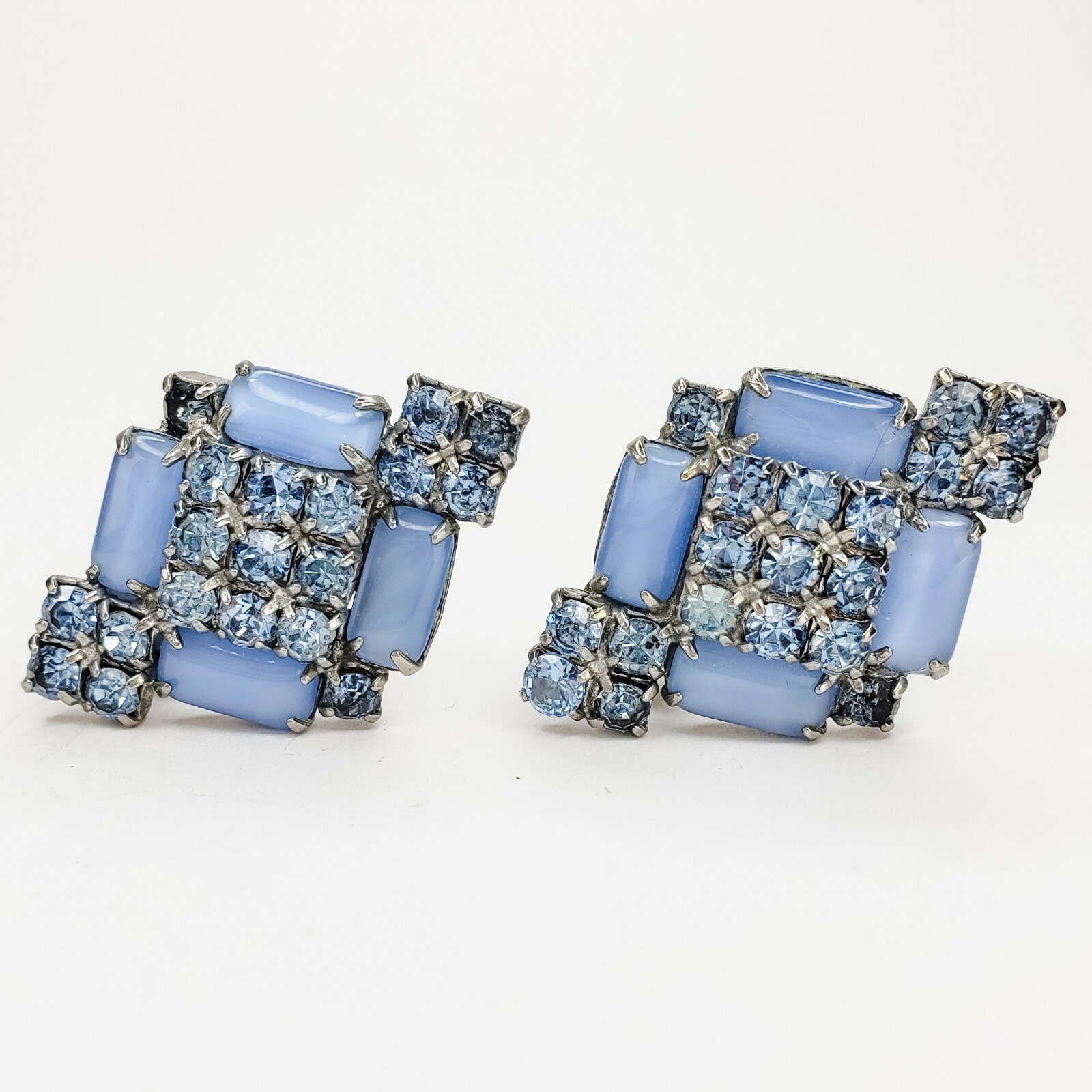 Vintage Blue Prong Set Rhinestone Clip On Earrings