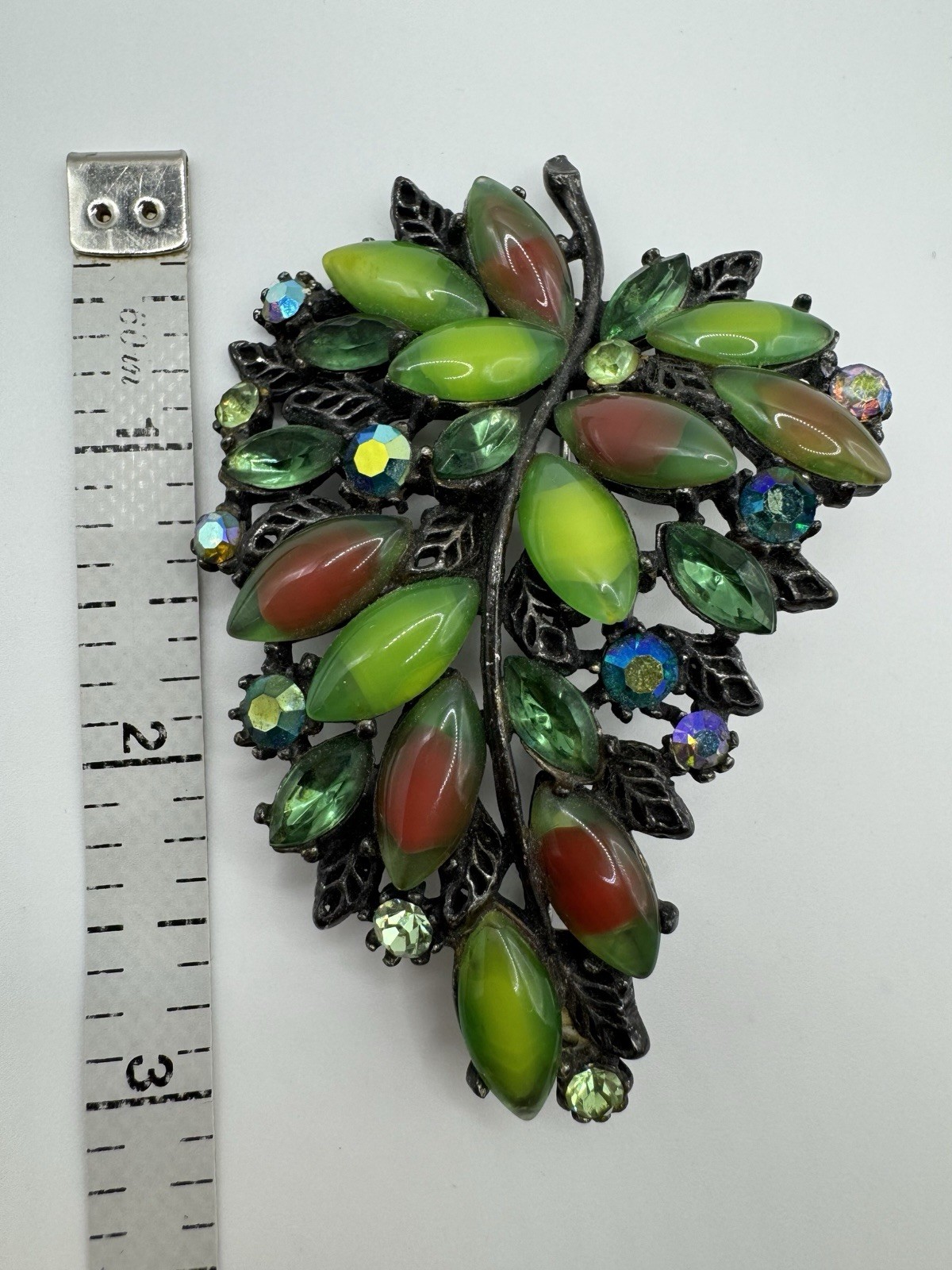 Vintage Arthur Pepper ART Green Givre Glass Cabochons AB Rhinestones Leaf Brooch
