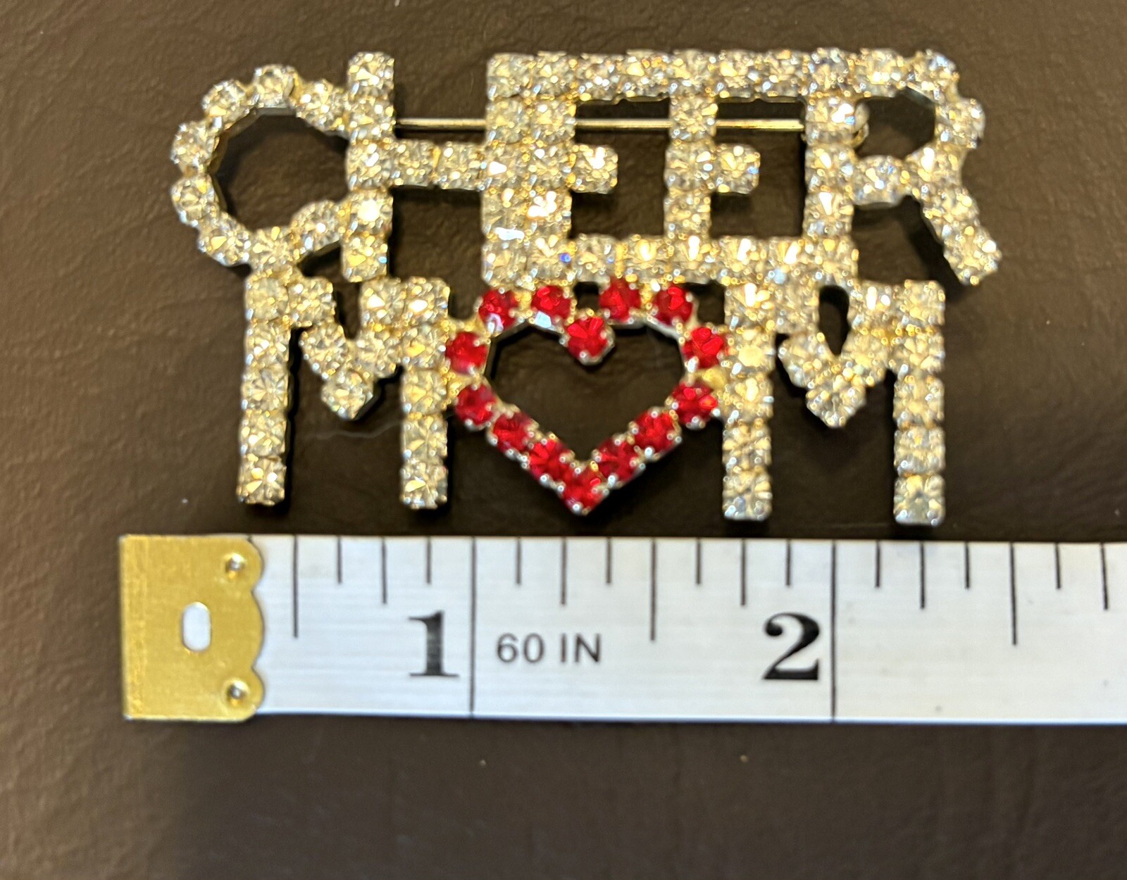 CHEER MOM SILVER TONE CLEAR RHINESTONES Statement RED HEART LARGE