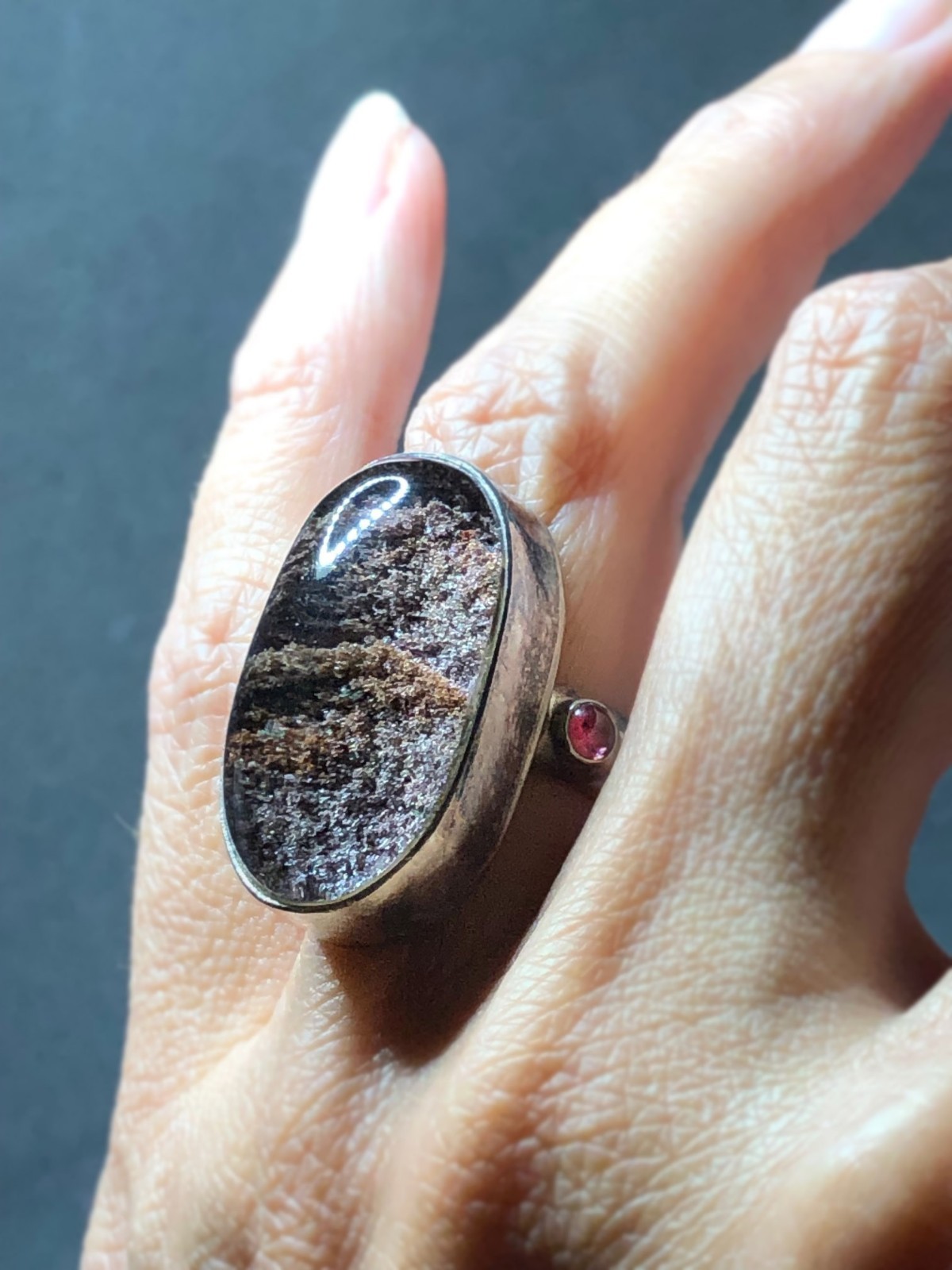 Vtg UNIQUE Modernist Era Large PHANTOM QUARTZ Bulging Cab Sterling Silver Ring