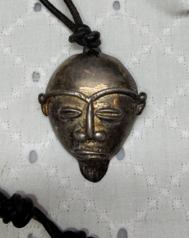Sterling Silver African Mask Tribal Head Pendant On Leather Cord 19.96 gram TR