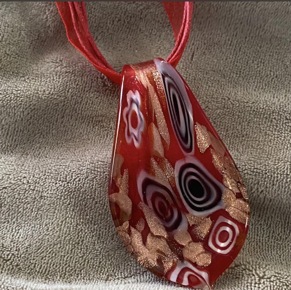 Vintage Red Gold & White Dichroic Glass Leaf Pendant Necklace