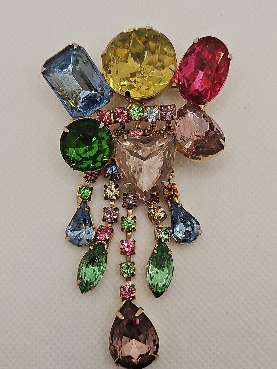Vintage Chandelier Large Brooch & Earrings Multicolor Rhinestones Set